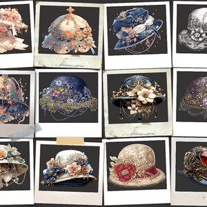 May include: Twelve vintage-inspired hats with intricate details and embellishments. Each hat features a unique design with various colours, textures, and materials, including lace, feathers, beads, and jewels.