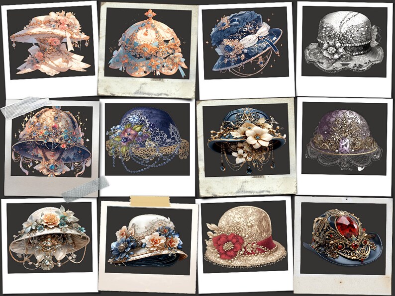May include: Twelve vintage-inspired hats with intricate details and embellishments. Each hat features a unique design with various colours, textures, and materials, including lace, feathers, beads, and jewels.