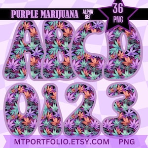Weed Alphabet PNG Purple Pot Leaf Individual Letters and Numbers Clipart Digital Alphabet Marijuana Purple Weed Letters Sublimation Clipart