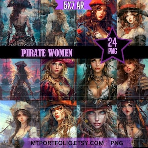 Pirate Ladies Digital 5x7 Paper Print 24 Pack Pirate Paper for Wall Art Junk Journal Printing ScrapBook Fierce Women Instant Download