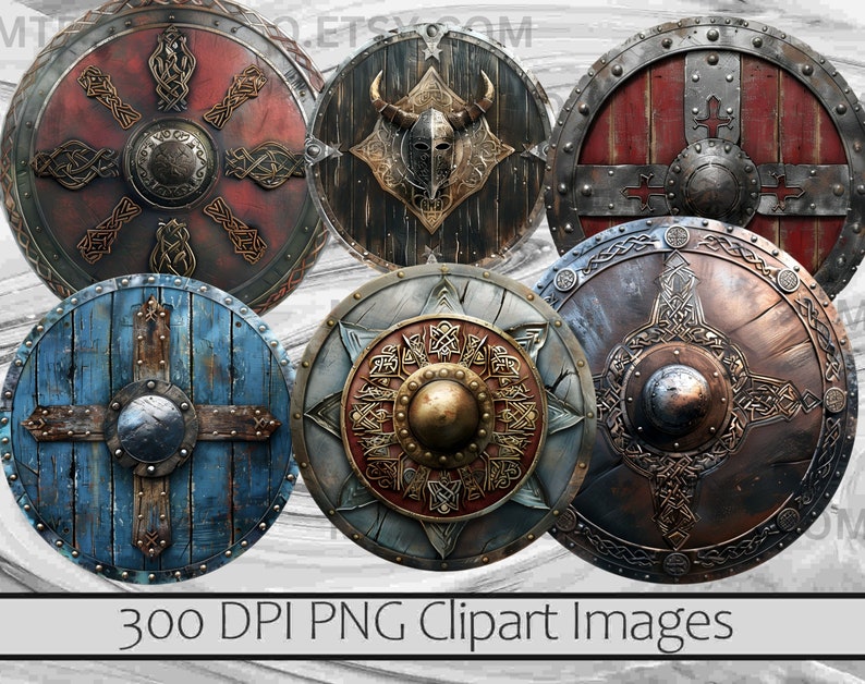 May include: Six different round wooden shields with metal accents and intricate designs. The shields are in various colors, including red, blue, brown, and gold.  300 DPI PNG Clipart Images.