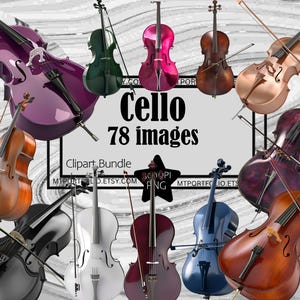 May include: A collection of colorful cellos and violins with bows, arranged in a circular pattern. The image includes a variety of colors, including purple, green, pink, brown, black, white, and blue. Text on the image reads "Cello 78 images Clipart Bundle".