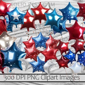 Peut inclure: Un ensemble de ballons en forme d'&eacute;toiles rouges, blancs et bleus. Certains ballons ont une finition m&eacute;tallique brillante, tandis que d'autres pr&eacute;sentent des &eacute;toiles blanches. Le texte "300 DPI PNG Clipart Images" est inclus.