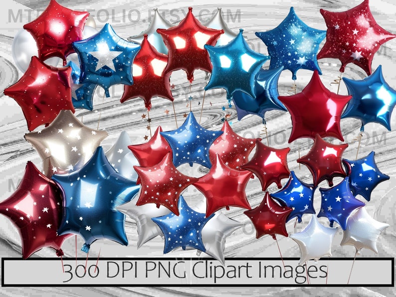 Peut inclure: Un ensemble de ballons en forme d'&eacute;toiles rouges, blancs et bleus. Certains ballons ont une finition m&eacute;tallique brillante, tandis que d'autres pr&eacute;sentent des &eacute;toiles blanches. Le texte "300 DPI PNG Clipart Images" est inclus.