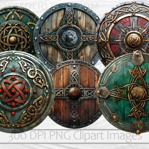 May include: Six round, wooden shields with intricate metal designs. The shields are decorated with Celtic knots, swirls, and other patterns. The shields are painted in various colors, including green, red, and brown.