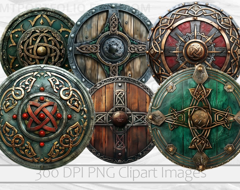 May include: Six round, wooden shields with intricate metal designs. The shields are decorated with Celtic knots, swirls, and other patterns. The shields are painted in various colors, including green, red, and brown.