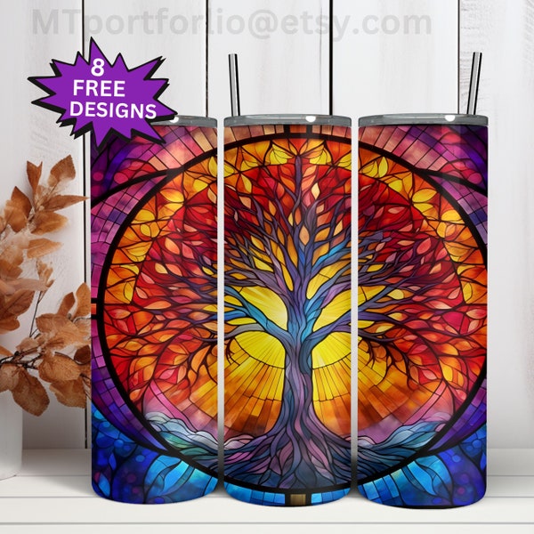 Tree of Life Stained Glass  Celtic Rainbow  20oz Skinny Tumbler Sublimation Design Digital Wrap Waterslide Download PNG 300DPI
