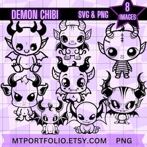 Paquete SVG de Demon Chibi Kawaii PNG, archivos de corte para manualidades, archivo de corte para Cricut, Silhouette, uso comercial incluido