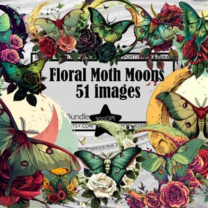 Luna Motte Clipart Blumen PNG Gothic Grafiken Bundle Transparent Kommerzielle Lizenz Digitaler Download Sublimation Crescent Moon Clipart PNG