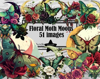 Luna Moth Clipart Flowers PNG Gothic Graphics Bundle Transparent Commercial License Digital Download Sublimation Crescent Moon Clipart PNG