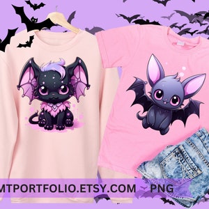 K&ouml;nnte beinhalten: Zwei rosa T-Shirts mit niedlichen Cartoon-Fledermaus-Designs. Ein Shirt zeigt eine Fledermaus mit Fl&uuml;geln und einem rosa Kragen, das andere Shirt zeigt eine Fledermaus mit gro&szlig;en Augen und einer rosa Nase.