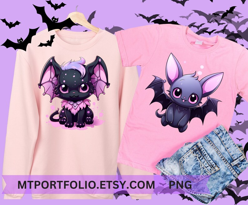 K&ouml;nnte beinhalten: Zwei rosa T-Shirts mit niedlichen Cartoon-Fledermaus-Designs. Ein Shirt zeigt eine Fledermaus mit Fl&uuml;geln und einem rosa Kragen, das andere Shirt zeigt eine Fledermaus mit gro&szlig;en Augen und einer rosa Nase.