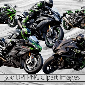 以下が含まれることがあります： ヘルメットとレーシングスーツを着たライダーが乗った、黒と緑のスポーツバイク4台。バイクは、シャープなラインとスポーティなルックスで、スタイリッシュなデザインです。