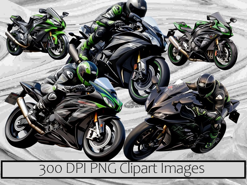 以下が含まれることがあります： ヘルメットとレーシングスーツを着たライダーが乗った、黒と緑のスポーツバイク4台。バイクは、シャープなラインとスポーティなルックスで、スタイリッシュなデザインです。