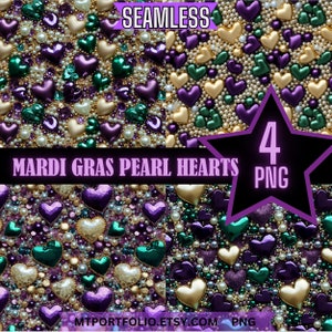Contas de Mardi Gras Pérolas Corações 3D Roxo Verde Ouro Papel Digital Padrões Sem Costura Pacote com 4 Pacotes Scrapbook Sublimação de Tinta Download Instantâneo