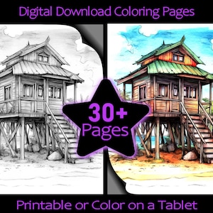 Tropical Beach Paradise 30+ Kolorowanki dla dorosłych - Statki pirackie, Ryby rafowe, Cabana na plaży - gotowe do druku Pliki PDF do natychmiastowego pobrania