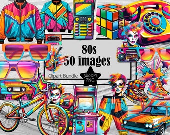 May include: A collection of 50 80s themed clipart images, including a retro phone, a boombox, a cassette tape, a pair of sunglasses, a skateboard, a bicycle, a video game, a car, and a jacket. The images are in a bright, colorful style.