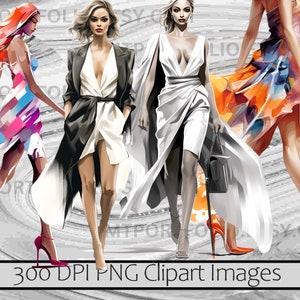 May include: Four digital illustrations of women wearing different styles of dresses and high heels. The women are walking and their dresses are flowing in the wind. The background is a gray and white abstract pattern.