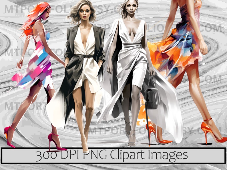 May include: Four digital illustrations of women wearing different styles of dresses and high heels. The women are walking and their dresses are flowing in the wind. The background is a gray and white abstract pattern.