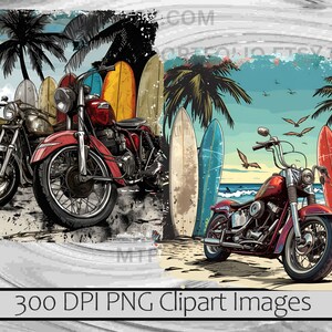 May include: Three vintage motorcycles parked on a beach with surfboards in the background. The motorcycles are red, black, and green. The surfboards are blue, red, and yellow. The beach is sandy and there are palm trees in the background.