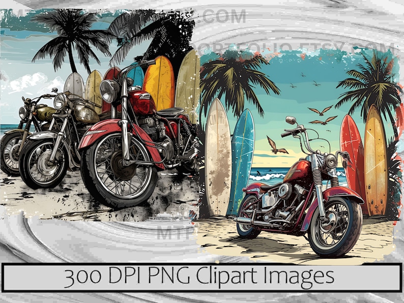 May include: Three vintage motorcycles parked on a beach with surfboards in the background. The motorcycles are red, black, and green. The surfboards are blue, red, and yellow. The beach is sandy and there are palm trees in the background.