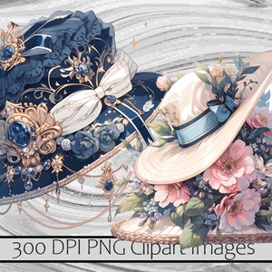 May include: Two ornate hats, one with blue and gold embellishments and the other with pink and white flowers. Both hats are decorated with intricate details and have a vintage aesthetic.