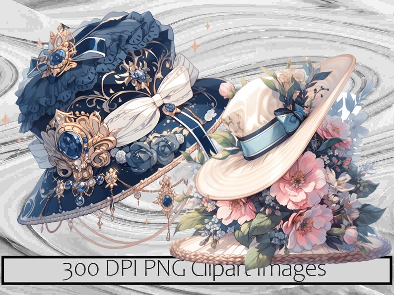 May include: Two ornate hats, one with blue and gold embellishments and the other with pink and white flowers. Both hats are decorated with intricate details and have a vintage aesthetic.