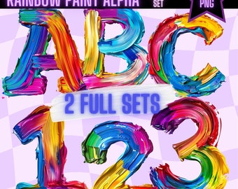 Alfabeto de pintura arcoíris PNG Pincelada de arcoíris Letras y números individuales Clipart Alfabeto digital Salpicaduras de pintura Letras Sublimación