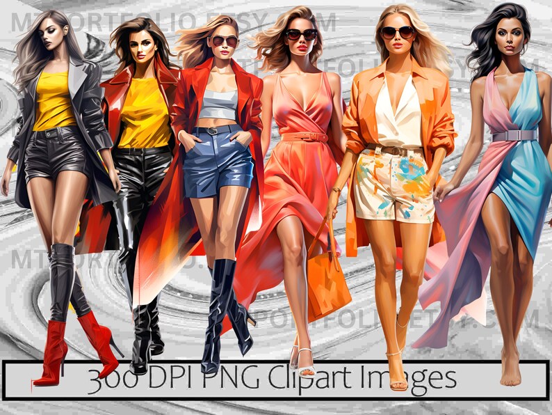 May include: Five women wearing different outfits, including a red jacket, a blue jacket, a red dress, a white shirt with an orange jacket, and a blue dress. The women are all standing and looking at the camera. The background is a gray and white marble pattern.