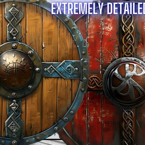 May include: Two wooden shields with metal accents. The shield on the left is brown with a blue metal rim and a smaller metal shield in the center. The shield on the right is red with a gold metal rim and a smaller metal shield in the center. Both shields have intricate designs.