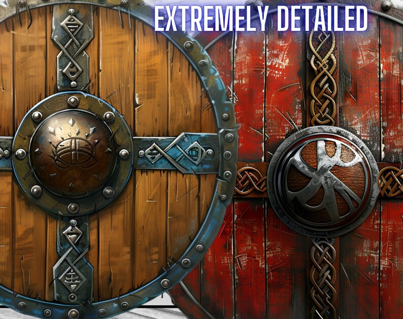May include: Two wooden shields with metal accents. The shield on the left is brown with a blue metal rim and a smaller metal shield in the center. The shield on the right is red with a gold metal rim and a smaller metal shield in the center. Both shields have intricate designs.