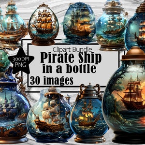 Bateau pirate piégé dans une bouteille - Graphiques transparents sous licence commerciale incl. ~ Journal indésirable à sublimation à téléchargement numérique