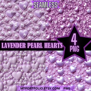 Corações de pérolas de lavanda 3D Dia dos namorados Papel digital Padrões sem costura Pacote com 4 Scrapbook Diário Sublimação de tinta Download instantâneo