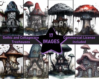 Gothic and Cottagecore Fairytale Mushroom Houses 17 Watercolor Graphics Bundle ~ Commercial License Incl. ~Digital Download ~Sublimation