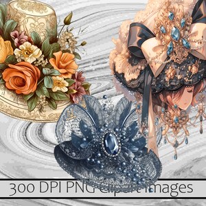 May include: Two vintage-style hats with floral and jeweled embellishments. The first hat is cream with a floral design and the second hat is black with a large blue jewel and a white bow.