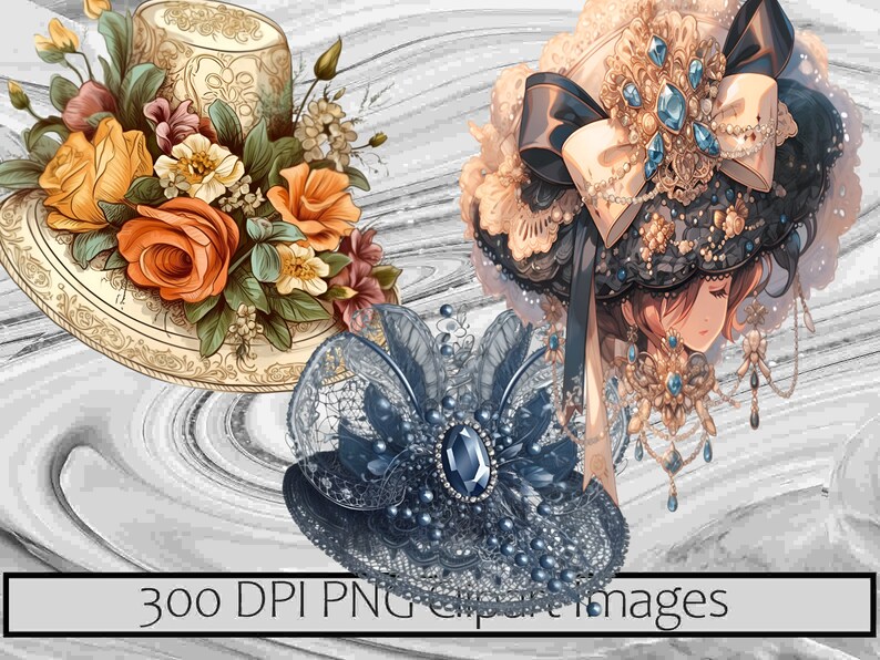 May include: Two vintage-style hats with floral and jeweled embellishments. The first hat is cream with a floral design and the second hat is black with a large blue jewel and a white bow.