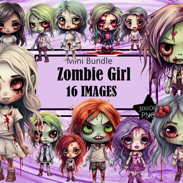 Undead Zombie Girl Walking Dead Walker Chibi Kawaii Art Clipart Graphics Sublimation Bundle Junk Journal Scrapbook PNG Transparent Download