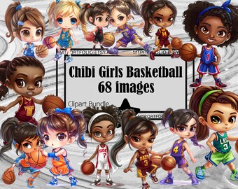 May include: A digital clipart bundle featuring multiple chibi-style girls playing basketball. The girls are depicted in various basketball uniforms, holding basketballs, and in action poses. The text "Chibi Girls Basketball 68 images Clipart Bundle" is displayed.