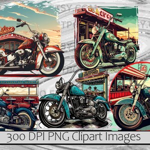 May include: Four digital illustrations of vintage motorcycles in front of diner scenes. The motorcycles are all black and chrome with red, white, and blue accents. The diners are all red and white with checkered floors. The text "300 DPI PNG Clipart Images" is at the bottom of the image.