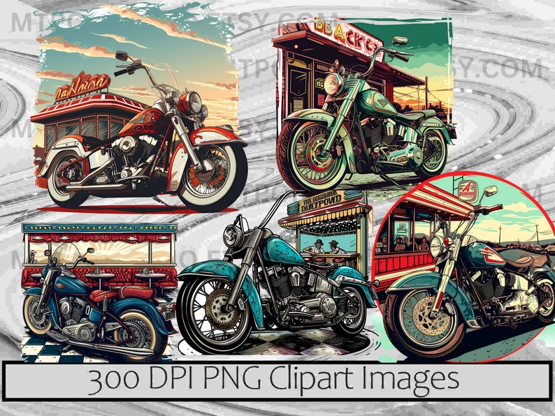 May include: Four digital illustrations of vintage motorcycles in front of diner scenes. The motorcycles are all black and chrome with red, white, and blue accents. The diners are all red and white with checkered floors. The text "300 DPI PNG Clipart Images" is at the bottom of the image.