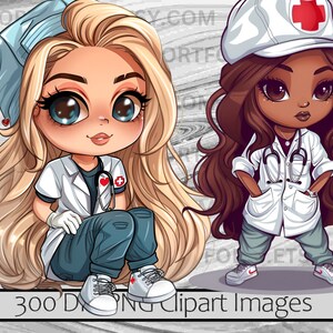 Pode incluir: Duas ilustra&ccedil;&otilde;es de desenhos animados de m&eacute;dicas. Uma m&eacute;dica tem cabelo loiro e usa um chap&eacute;u azul, um jaleco branco e cal&ccedil;as azuis. A outra m&eacute;dica tem cabelo castanho e usa um chap&eacute;u branco com uma cruz vermelha, um jaleco branco e cal&ccedil;as cinzas. Ambas as m&eacute;dicas t&ecirc;m olhos grandes e est&atilde;o sorrindo.