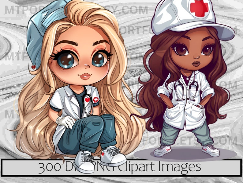 Pode incluir: Duas ilustra&ccedil;&otilde;es de desenhos animados de m&eacute;dicas. Uma m&eacute;dica tem cabelo loiro e usa um chap&eacute;u azul, um jaleco branco e cal&ccedil;as azuis. A outra m&eacute;dica tem cabelo castanho e usa um chap&eacute;u branco com uma cruz vermelha, um jaleco branco e cal&ccedil;as cinzas. Ambas as m&eacute;dicas t&ecirc;m olhos grandes e est&atilde;o sorrindo.