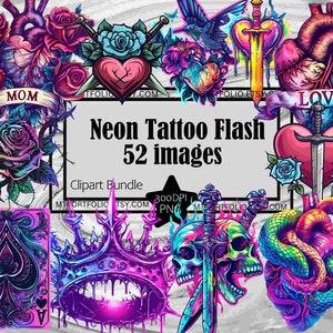 NEON Tattoo Flash Clipart Traditional PNG Tattoo Rose Bundle PNG Graphics Transparent Commercial Use Digital Download Sublimation Journal