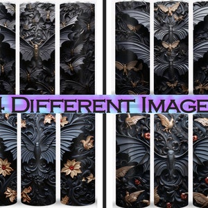 Black 3D Gothic Bats Halloween Spooky 20oz Skinny Tumbler Sublimation Design Digital Wrap Waterslide Download Bundle 4 Pack PNG 300DPI