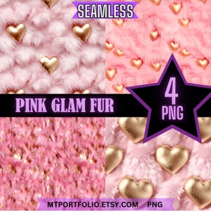 Cuori di pelliccia glamour rosa e oro con texture 3D in carta digitale con motivi senza soluzione di continuità, confezione da 4, scrapbooking, diario, sublimazione, download immediato