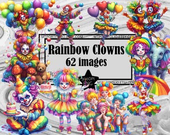 Rainbow Clown Clipart Happy Clown PNG Balloon Clown Bundle PNG Graphics Transparent Commercial Use Digital Download Sublimation Journal