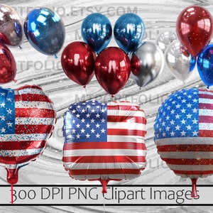 Peut inclure: Plusieurs ballons rouges, bleus et argent&eacute;s, dont certains avec des motifs &eacute;toil&eacute;s et ray&eacute;s, &eacute;voquant le drapeau am&eacute;ricain. Le texte "300 DPI PNG Clipart Images" est &eacute;galement pr&eacute;sent.