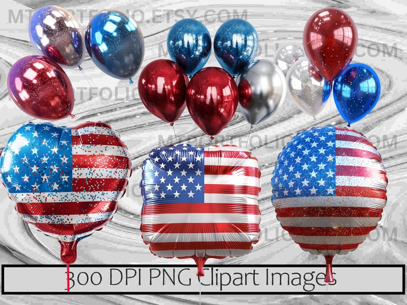 Peut inclure: Plusieurs ballons rouges, bleus et argent&eacute;s, dont certains avec des motifs &eacute;toil&eacute;s et ray&eacute;s, &eacute;voquant le drapeau am&eacute;ricain. Le texte "300 DPI PNG Clipart Images" est &eacute;galement pr&eacute;sent.