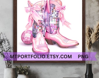 Pink Mirror Cowgirl Boots Printable Art Coastal Cowgirl Disco Wall Art Pink Glitter Boots Art Cowboy Glam Modern Art - Instant Download