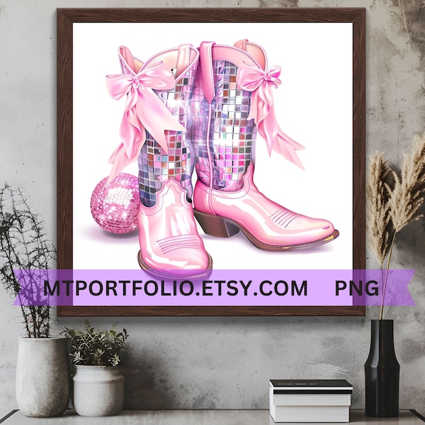 Pink Mirror Cowgirl Boots Printable Art Coastal Cowgirl Disco Wall Art Pink Glitter Boots Art Cowboy Glam Modern Art - Instant Download